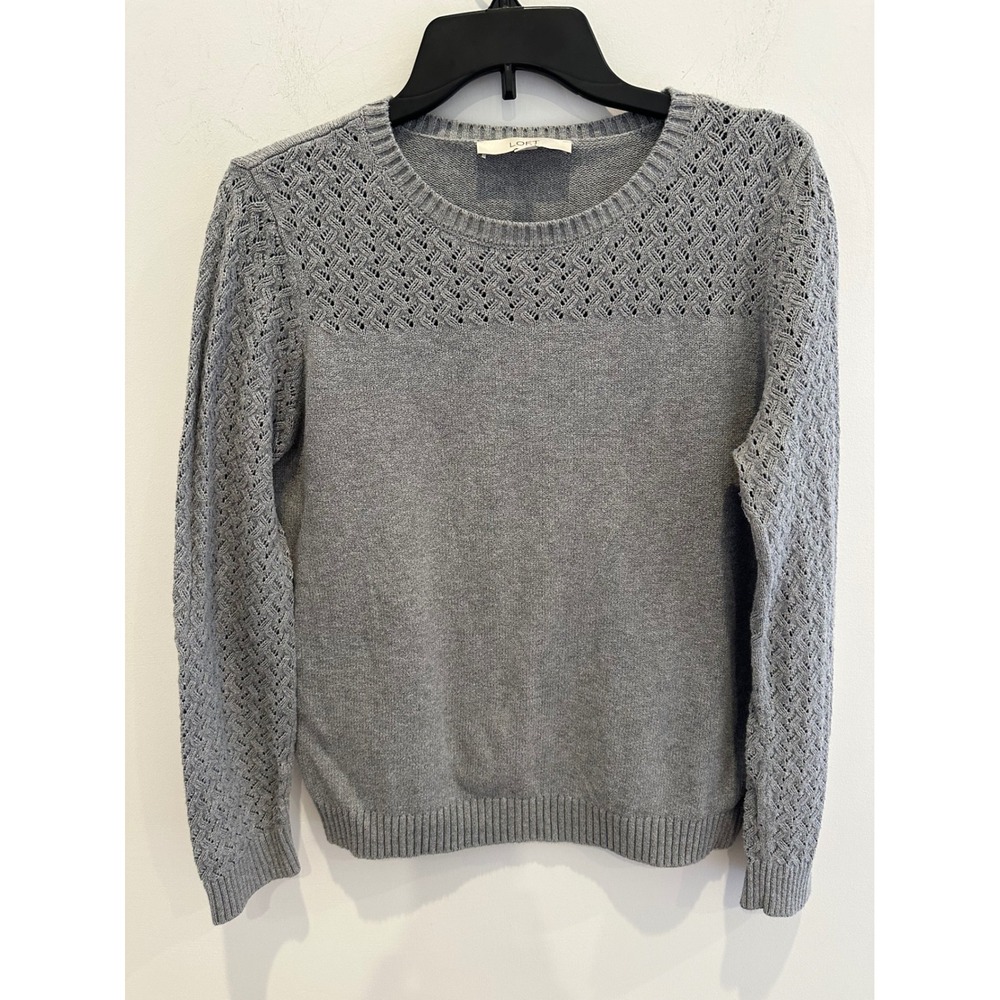 LOFT Womens Gray Pointelle Yoke 100% Cotton Knit Crewneck Sweater Large